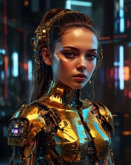 Obraz premium Futuristic portrait of a female android, merging human beauty with cybernetics. Intricate circuits, colors, and metallic textures create a captivating blend of technology and humanity. Ai-generated