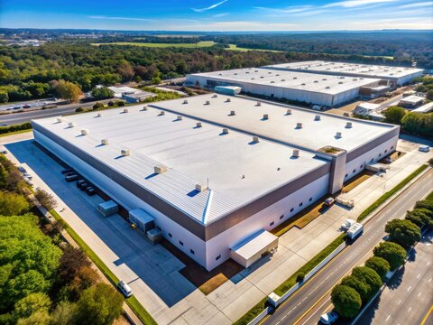 Aerial view of a large commercial building with a durable TPO roofing system, showcasing a white reflective surface amidst a bustling urban landscape.