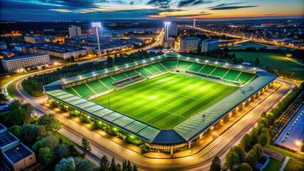 Naklejka premium Aerial view of a massive, lush green stadium with vibrant grass and sleek white lines, surrounded by towering floodlights and a bustling urban landscape.