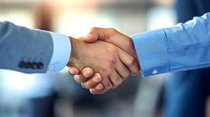 Close up view of two business professionals shaking hands in a blurred office setting symbolizing a successful agreement partnership or contract between them