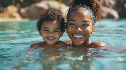 Happy smiling black african american mother and child swimming on summer vacation holiday