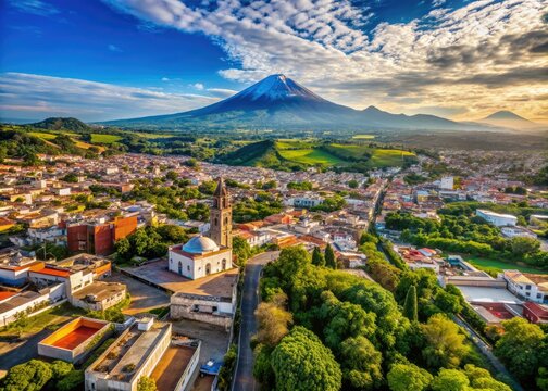 Aerial view of Atlixco, Puebla, Mexico, showcasing colorful buildings, roads, and lush greenery, with Popocatepetl volcano visible in the distant horizon.