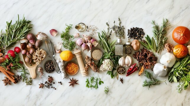 A vibrant display of fresh herbs, spices, and vegetables laid out on a marble countertop, showcasing culinary diversity and creativity