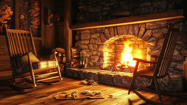 Cozy rustic living room with a warm fireplace and rocking chairs on a fall evening