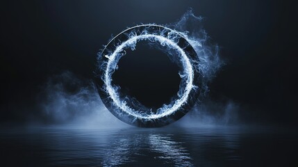 Fototapeta premium A glowing ethereal circle illuminates a dark, misty landscape at night, creating a mystical and surreal visual effect on still water