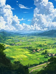 Fototapeta premium Rice Fields and Small Villages with Cel Shading, Bright Blue Sky and Clouds