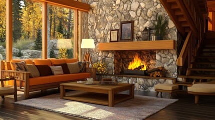 Cozy living room with stone fireplace and large windows overlooking autumn trees in a tranquil setting
