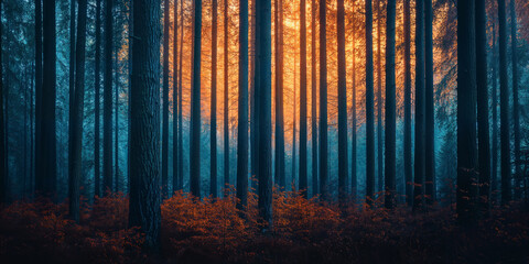 Early morning sunshine glowing deep in a cool, misty pine tree forest