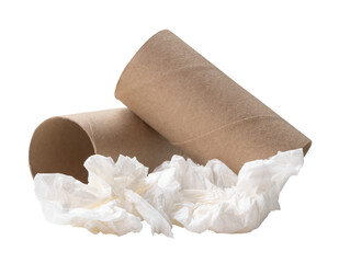 White screwed or crumpled tissue paper ball after use with cores in stack isolated with clipping path in png file format