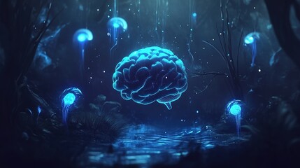 Fototapeta premium A luminous brain surrounded by glowing jellyfish in a mystical forest at night, showcasing a surreal blend of nature and imagination