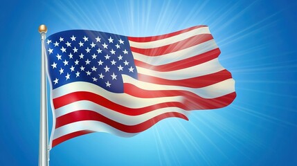 Fototapeta premium The American flag waves proudly against a bright blue sky on a sunny day, symbolizing national pride and unity