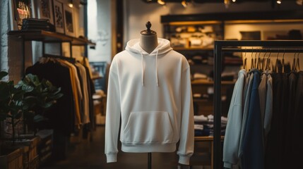 Fototapeta premium A mannequin is standing in a clothing store with a white hoodie on