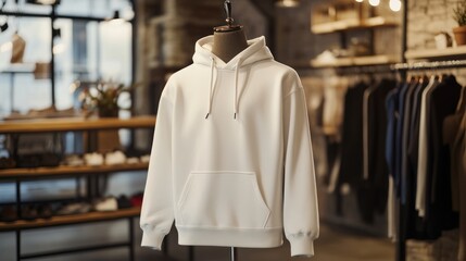 A mannequin is standing in a clothing store with a white hoodie on