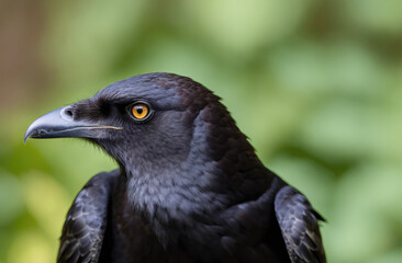 A black crow with bright yellow eyes sits in a forest