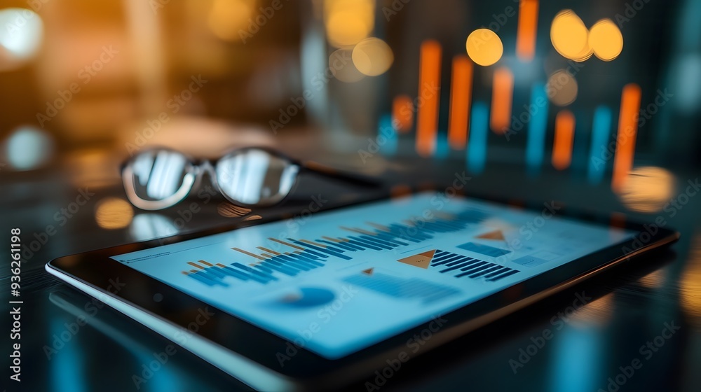 Poster minimalist digital tablet displaying business analytics data visualizations and financial reports fo