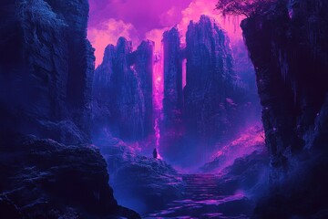 A lone figure stands on a rocky path illuminated by a pink glow in a mystical landscape