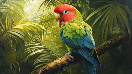 A colorful parrot is perched on a branch in a lush green forest