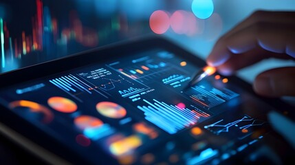 Advanced Business Analytics and Data Visualization Displayed on Digital Tablet for Informed Strategic Planning and Effective Decision Making in the Corporate Workplace