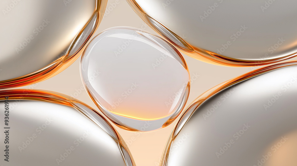 Poster abstract background with transparent glass bubbles and golden lines flowing on a beige background