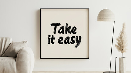 Interior design with take it easy poster, sofa and minimalist lamp