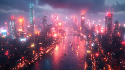 Futuristic neon cityscape with skyscrapers and river illuminated at night under the rain