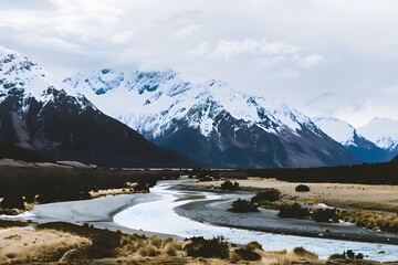 Snow-capped mountains towering over a winding river, creating a breathtaking view of natures beauty.