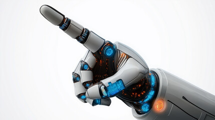White robot hand pointing with index finger