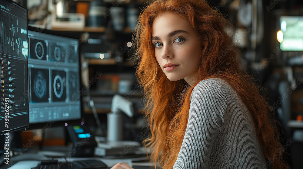 Poster Young woman working with multiple monitors showing software code