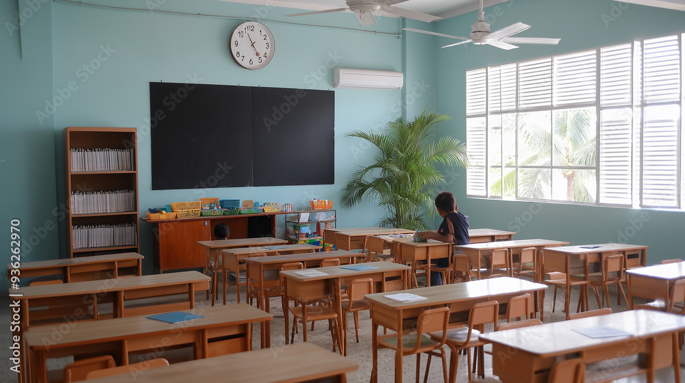 Poster students waiting in empty classroom with turquoise walls