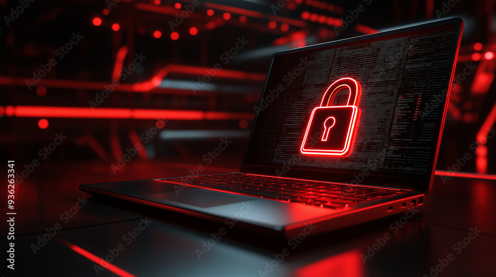 Aufkleber laptop showing security lock with red glowing neon light in server room