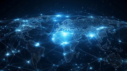 Obraz premium Global Network Visualization: Dynamic Background Depicting Worldwide Connectivity with Interlinked Nodes and Lines Spanning the Entire Glob