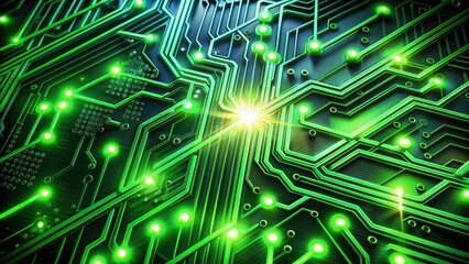 A futuristic green circuit board with glowing binary code and neon lights, symbolizing eco-friendly technology and sustainable digital innovation in a modern world.