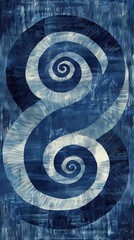 French Blue Ikat Background with Hypnotic Spiral Design in Hippie Style
