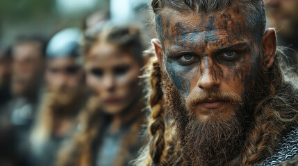 Viking warrior with blue war paint standing in front of army
