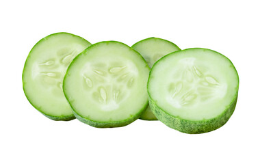 Front view of fresh green cucumber slices or pieces in stack isolated with clipping path in png file format