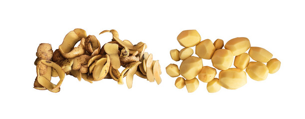 peeled potatoes and potato peelings on a white background, Organic waste ingredient