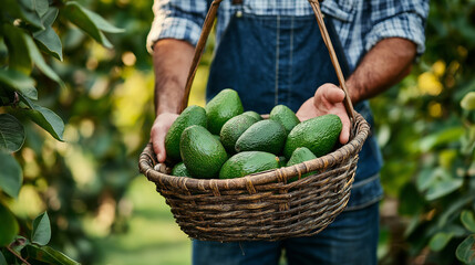 Farmer holding a basket full of freshly harvested avocados