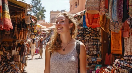 A traveler explores colorful market stalls, smiling in the vibrant atmosphere filled with textiles and local crafts