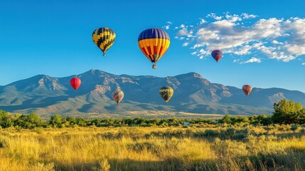 Fototapeta premium A group of hot air balloons are flying over a grassy field