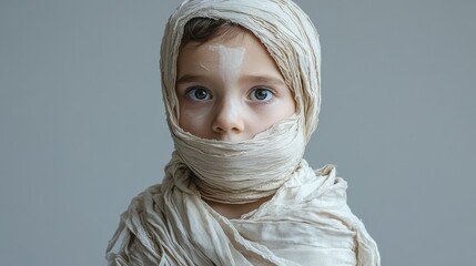 Child in a mummy costume, with white bandages loosely wrapped, standing on a grey background