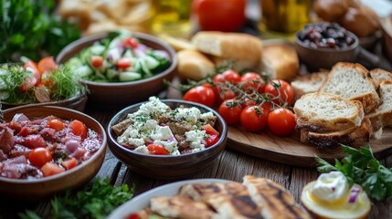 Obraz premium traditional Greek food, on a wooden table background
