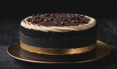 A chocolate cake with a gold ribbon sits on a gold plate