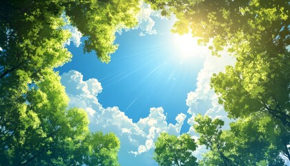  Anime-Style Background Featuring Blue Sky, Green Trees, and Sunlight Shining Through Leaves