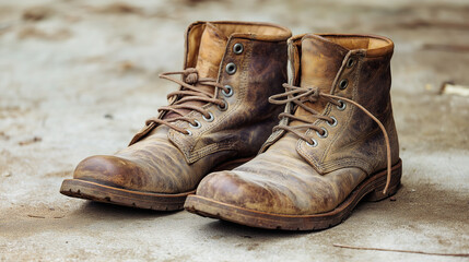 Pair of old worn leather work boots resting on concrete surface