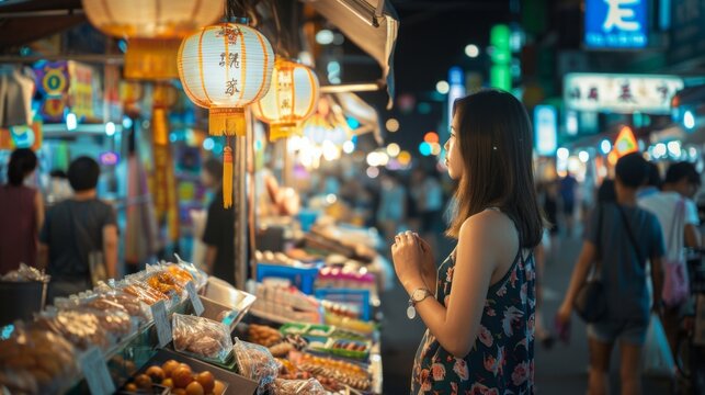Under the glow of lanterns, a woman admires the tempting array of snacks at a bustling night market, surrounded by energy and lights of the city