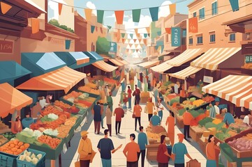 Cartoon-style vector illustration of a busy market scene