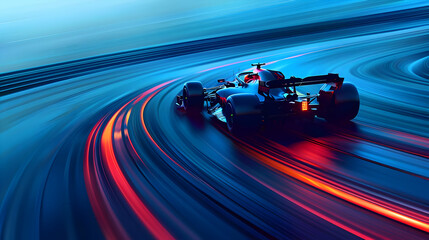 Race Car Speeds Through a Blue and Red Blur of Light, Creating Abstract Copy Space