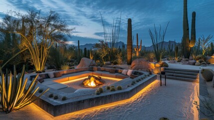 desert escape featuring a sunken lounge area with fire pit, surrounded by native cacti and dramatic lighting that highlights the unique landscape features at night 