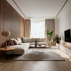 Minimalist modern living room interior background, Scandinavian style, 3D render
