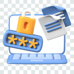 Data protection on laptop. Personal gadget, sheets of documents, lock with password